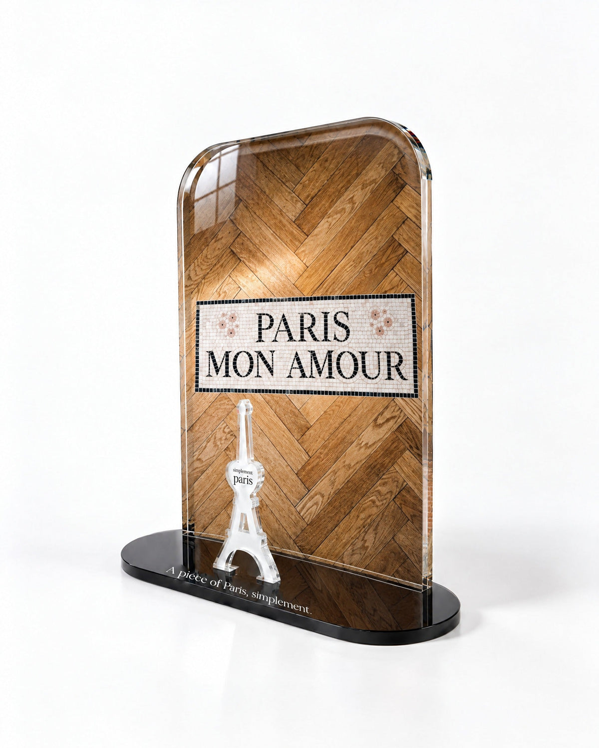 Side view of the Paris Mon Amour acrylic decor with polished edges and reflections