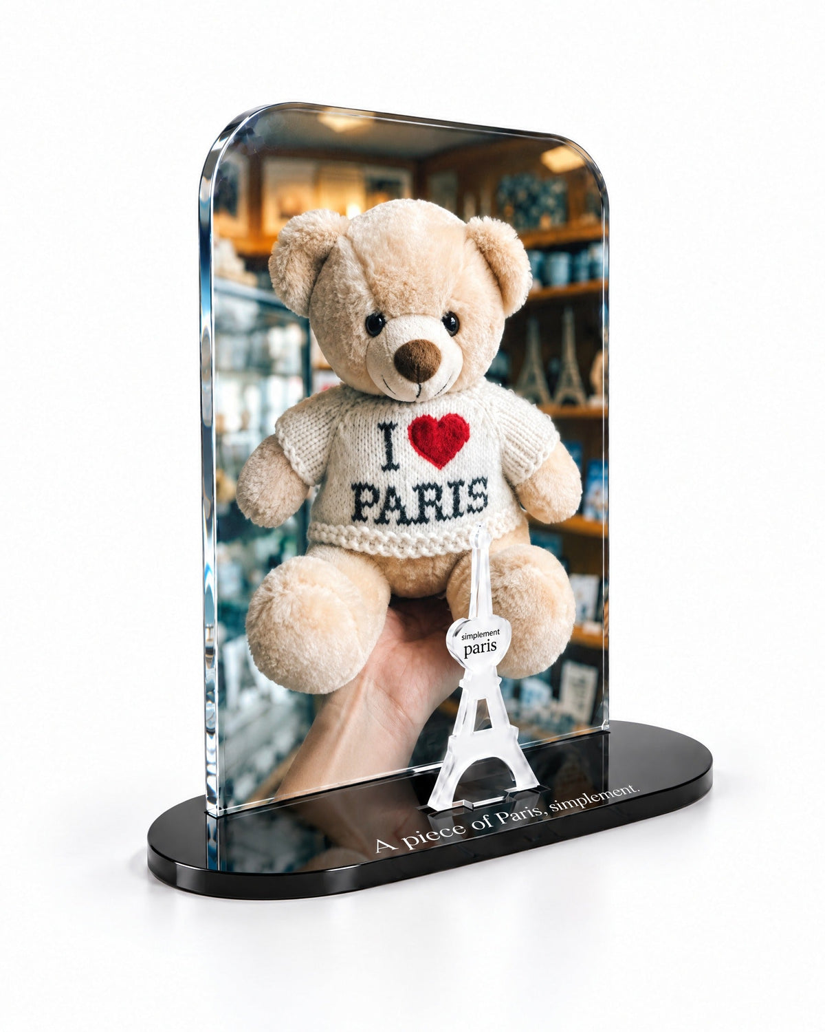 Three-quarter view of the Paris Teddy acrylic decor showing the thick glossy panel and separate Eiffel Tower