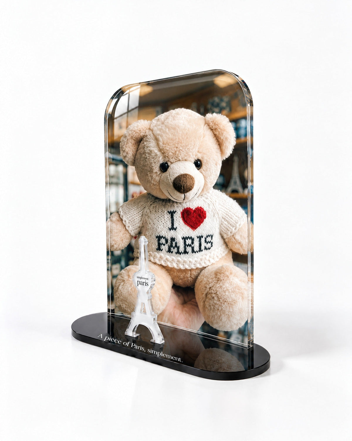 Side view of the Paris Teddy acrylic decor with polished edges and reflections