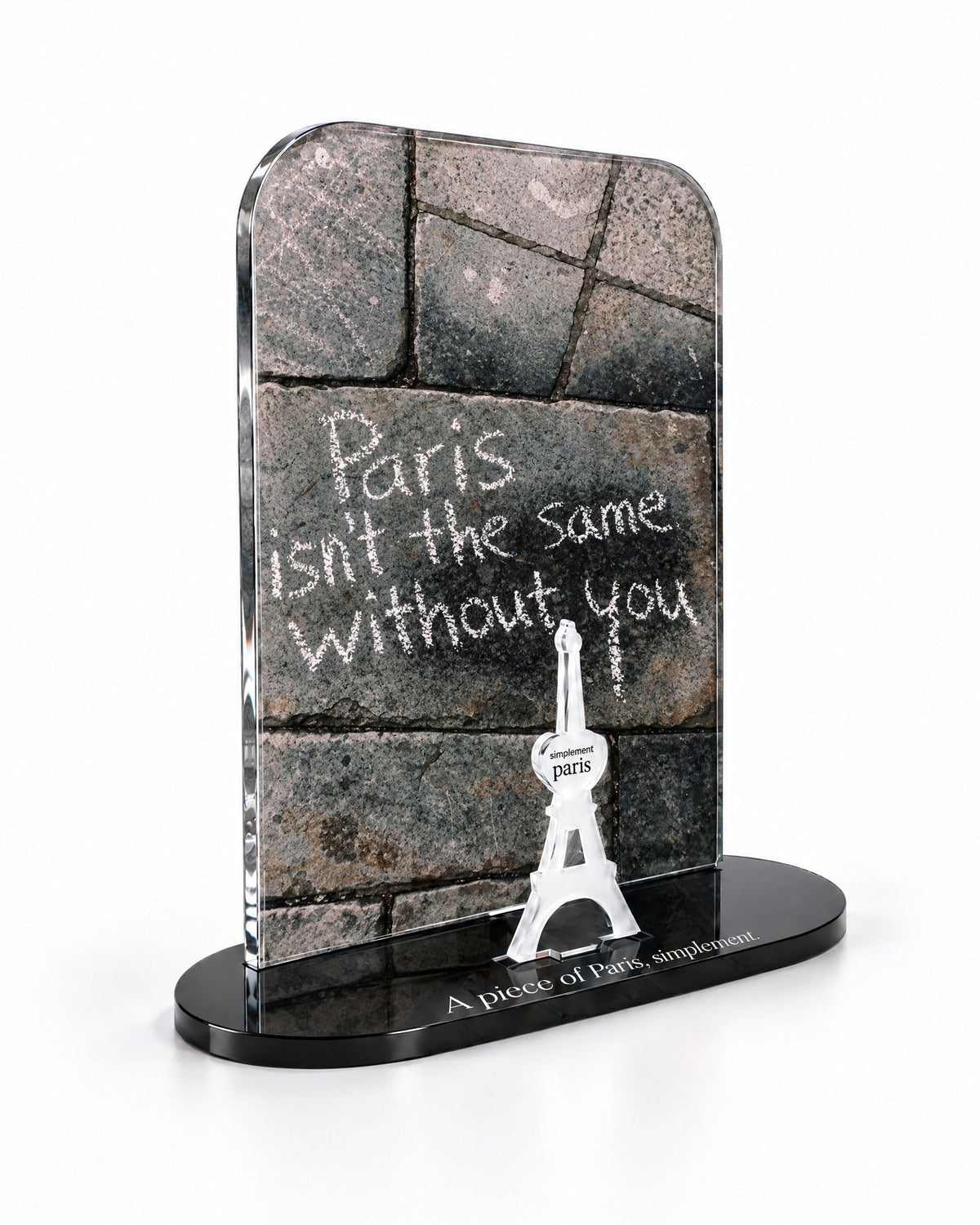 Three-quarter view of the Paris Without You acrylic decor showing the thick glossy panel and separate Eiffel Tower