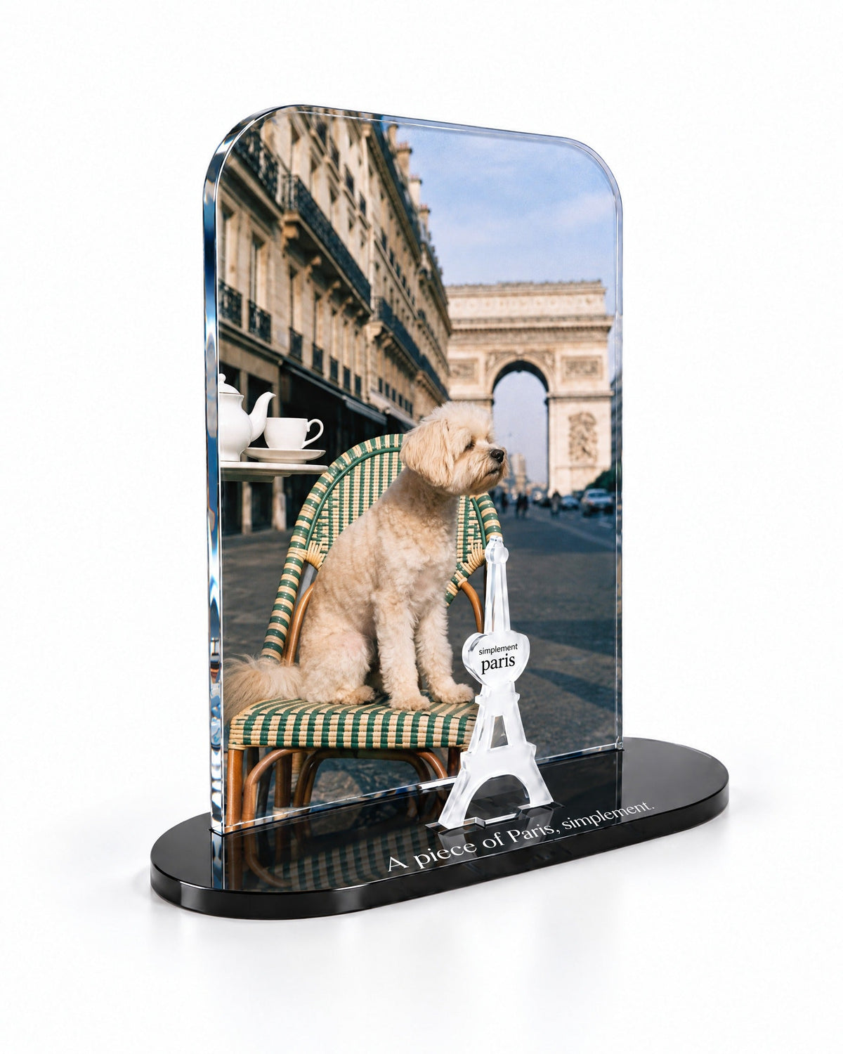 Three-quarter view of the Parisian Dog acrylic decor with its thick glossy panel and separate Eiffel Tower