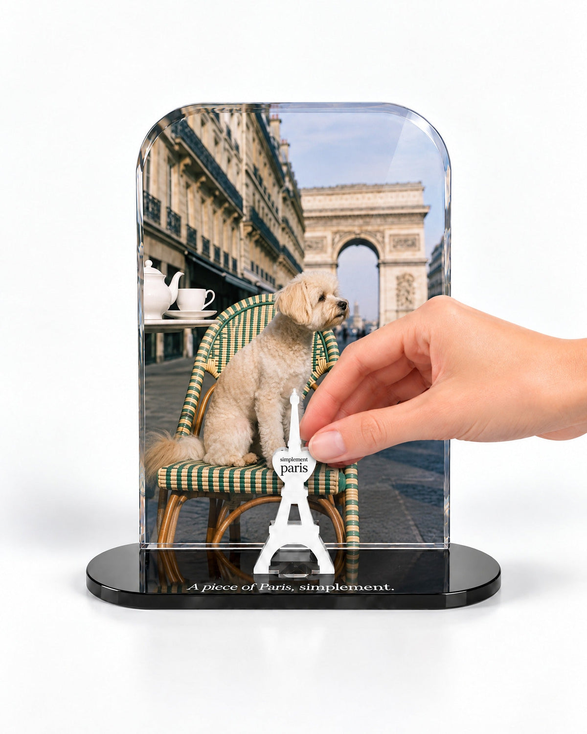 A hand placing the white signature Eiffel Tower in front of the Parisian Dog acrylic panel