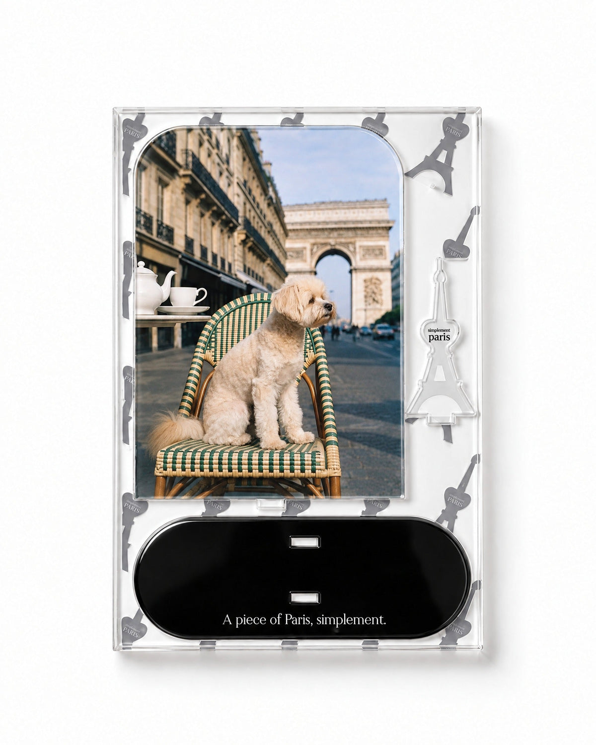 Flat-pack contents of Parisian Dog: acrylic panel, glossy black base and Eiffel Tower piece