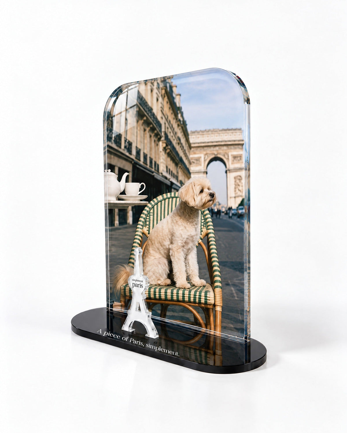 Side view of the Parisian Dog acrylic decor with polished edges and reflections