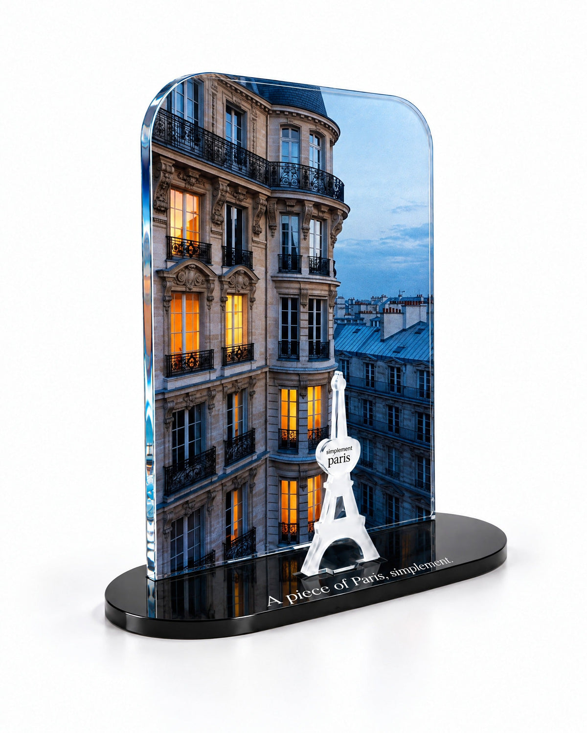 Three-quarter view of the Parisian Evening acrylic decor showing the thick glossy panel and separate Eiffel Tower