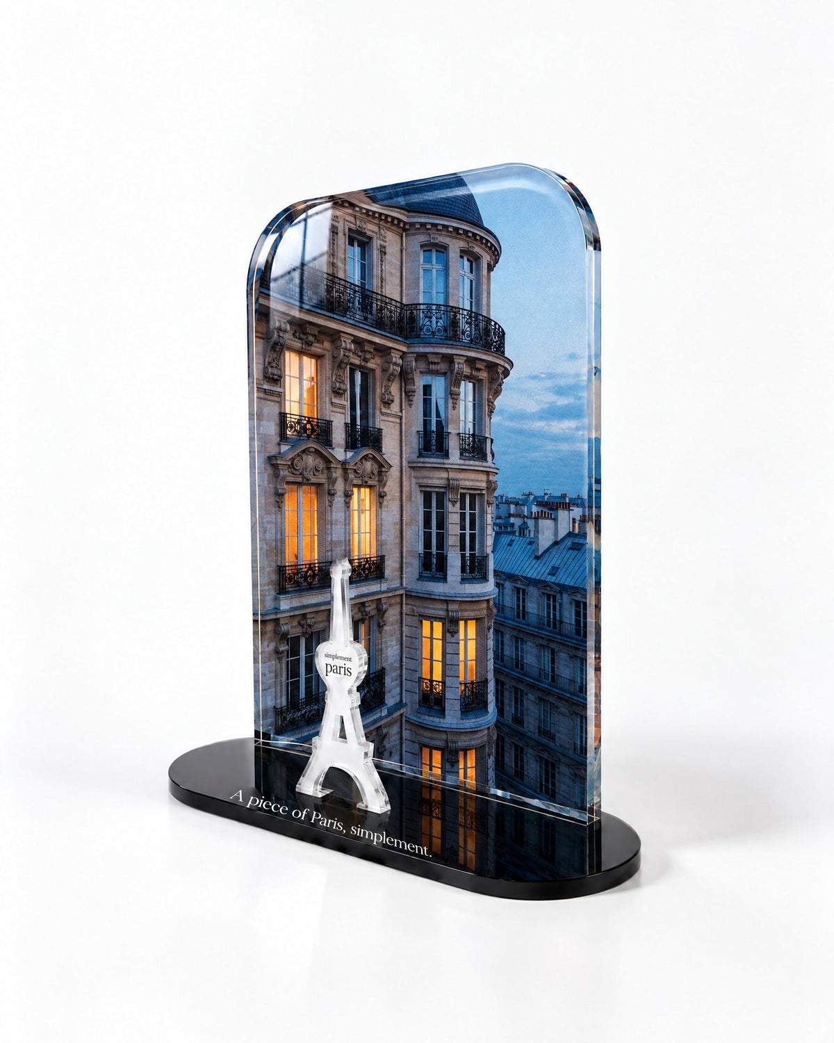 Side view of the Parisian Evening acrylic decor with polished edges and reflections