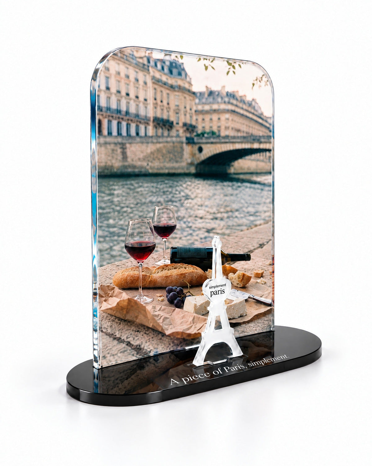 Three-quarter view of the Picnic on the Seine acrylic decor showing the thick glossy panel and separate Eiffel Tower
