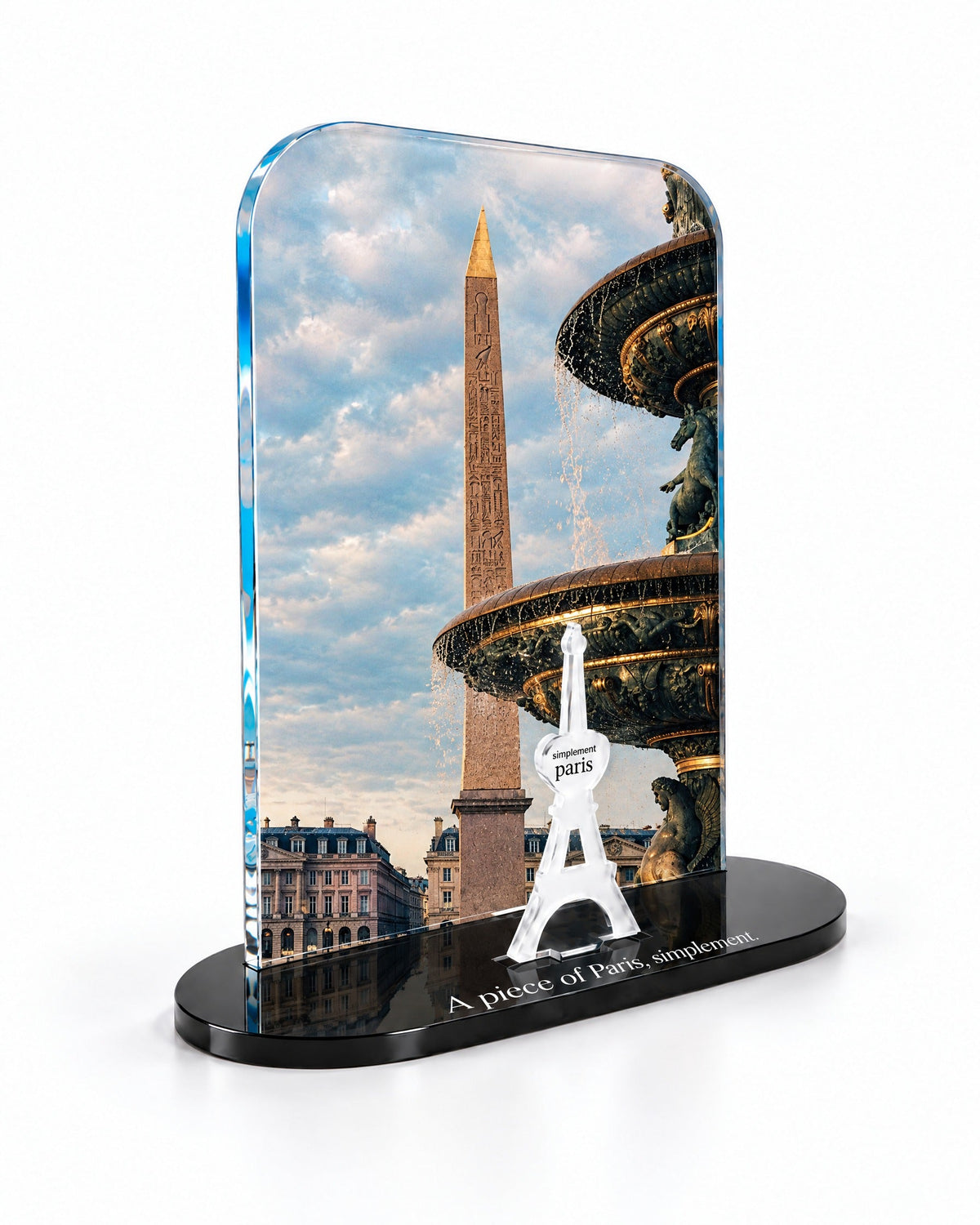 Three-quarter view of the Place de la Concorde acrylic decor with its thick glossy panel and separate Eiffel Tower
