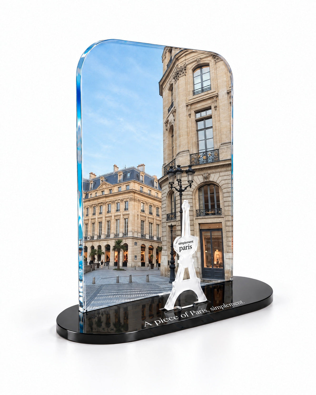 Three-quarter view of the Place Parisienne acrylic decor showing the thick glossy panel and separate Eiffel Tower