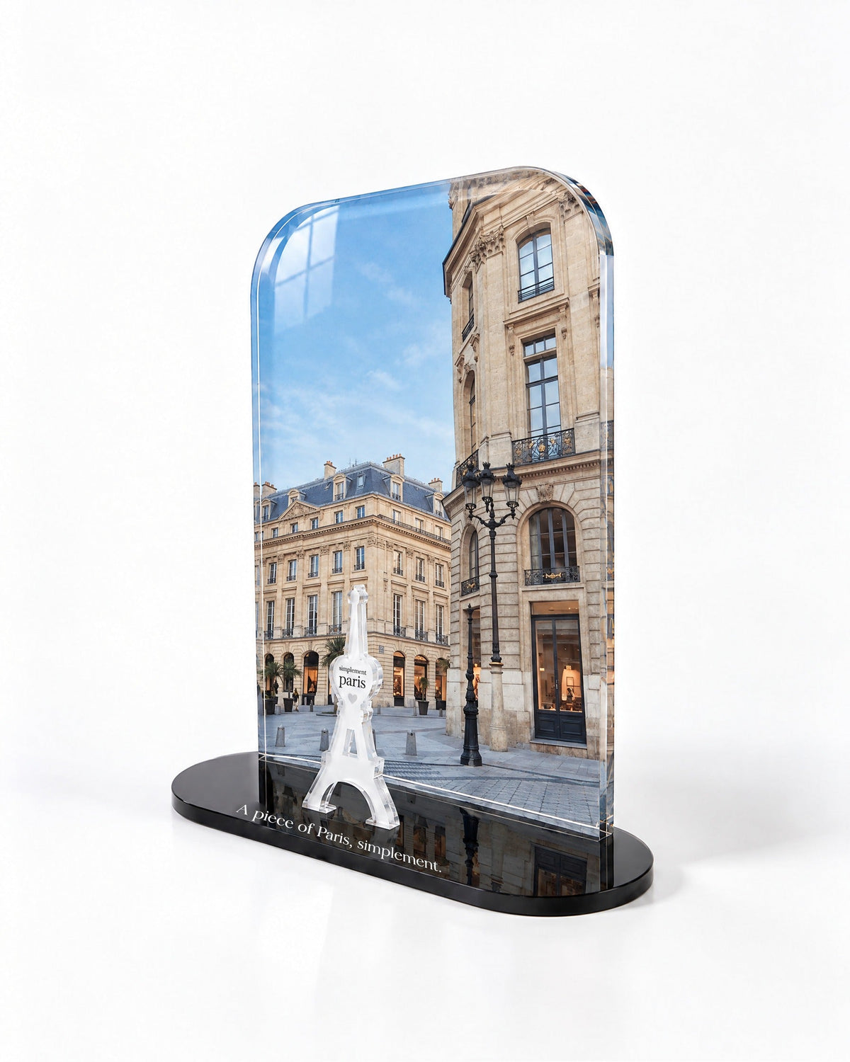 Side view of the Place Parisienne acrylic decor with polished edges and reflections