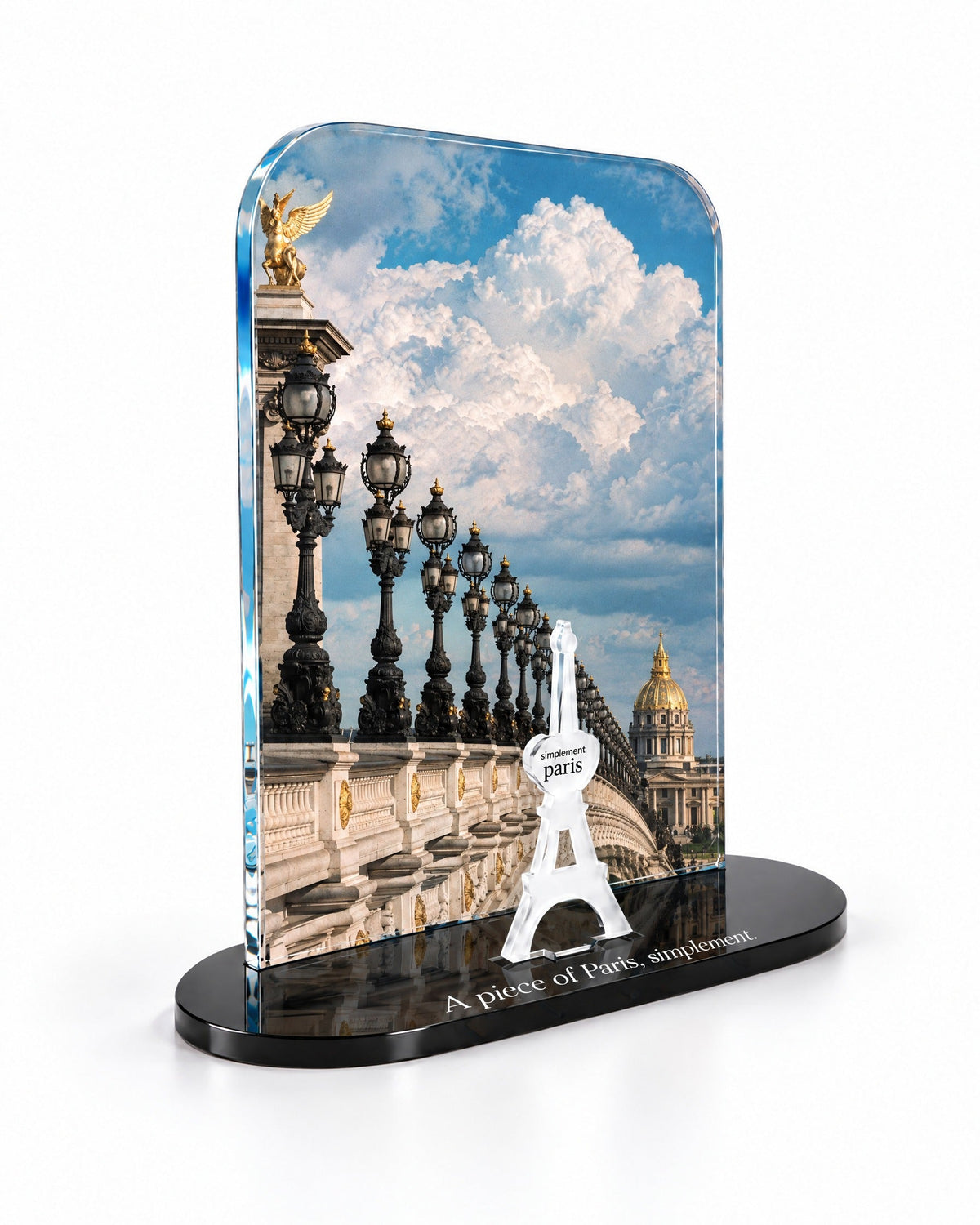 Three-quarter view of the Pont Alexandre III acrylic decor with its thick glossy panel and separate Eiffel Tower