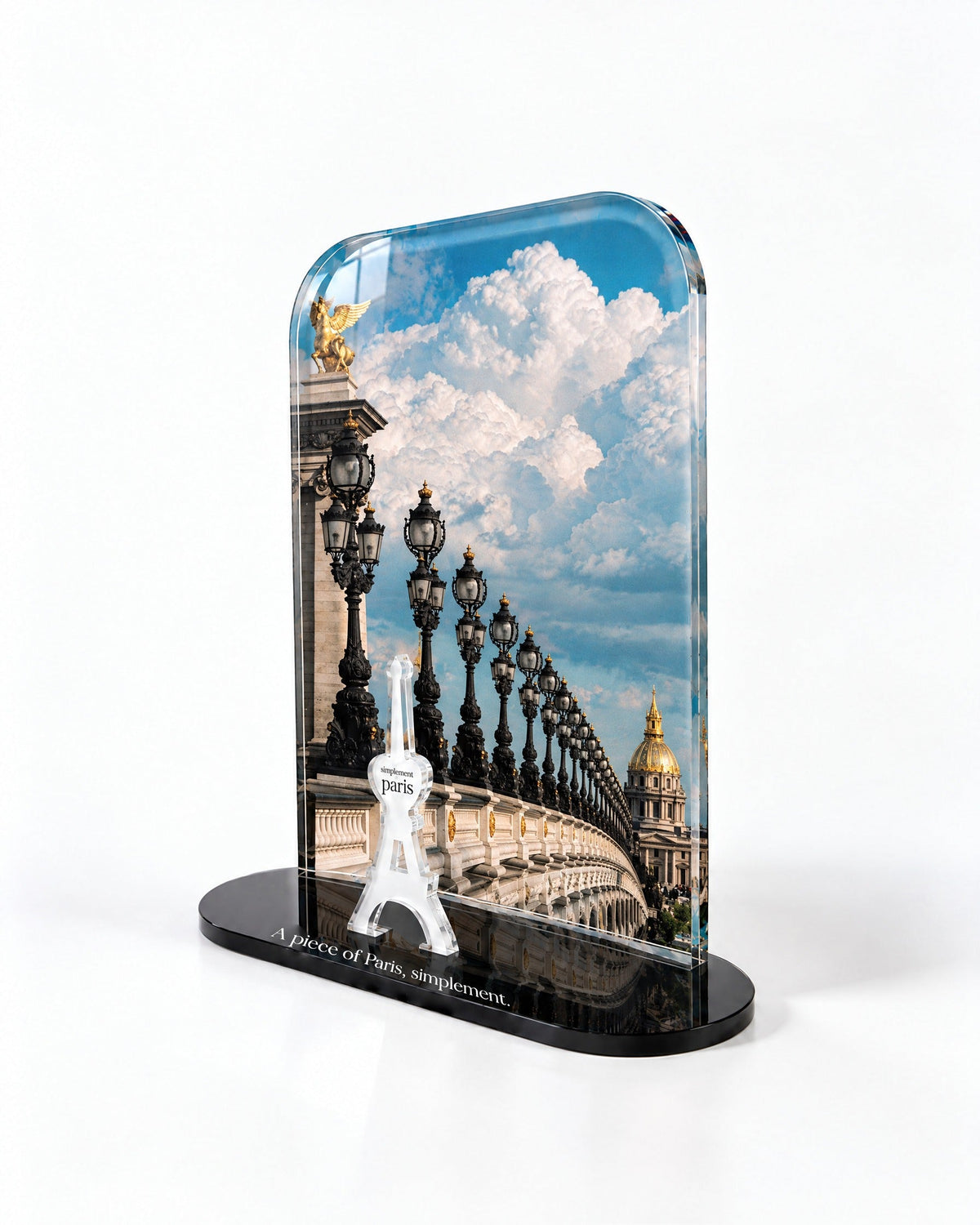 Side view of the Pont Alexandre III acrylic decor with polished edges and reflections