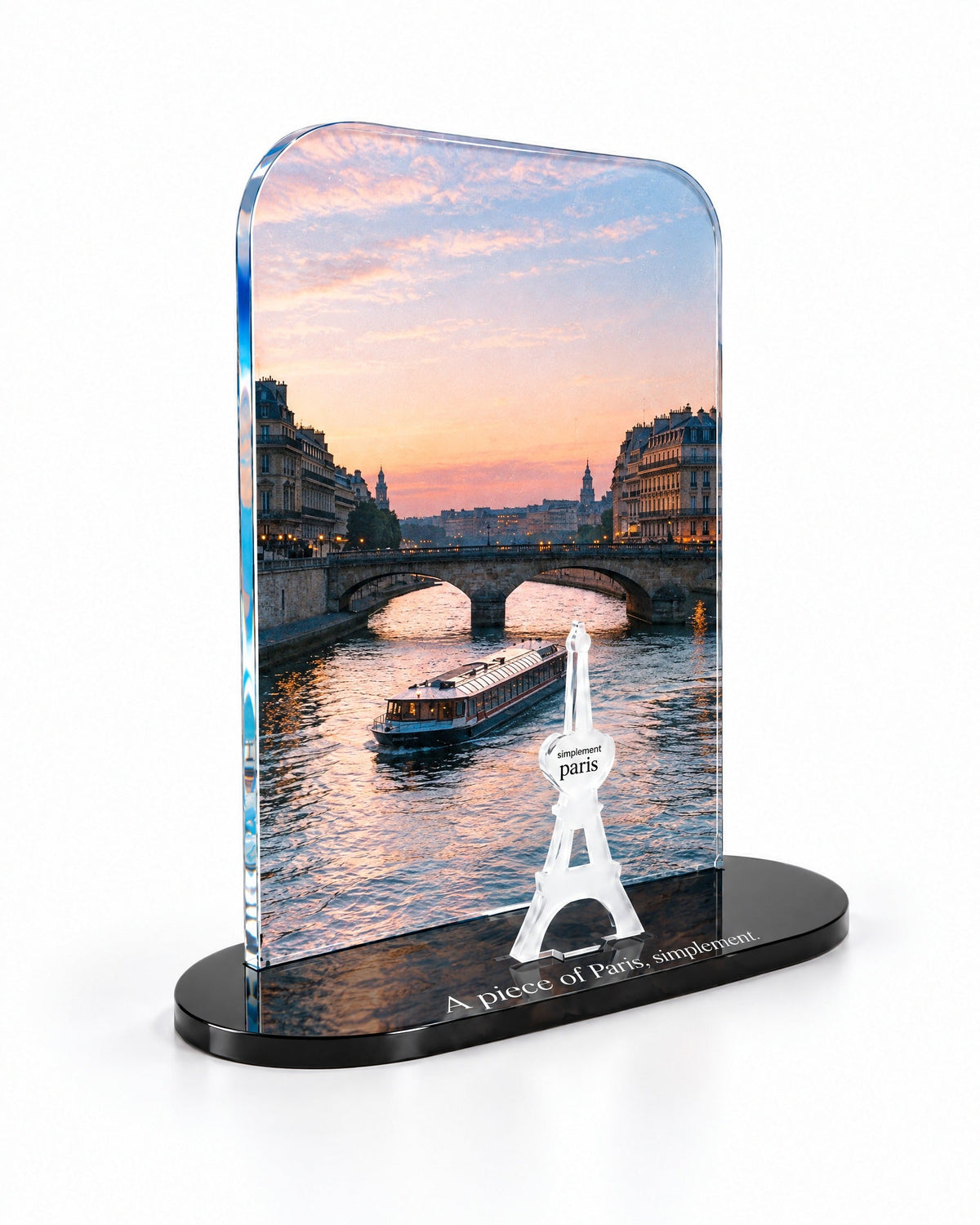 Three-quarter view of the Seine at Sunset acrylic decor with its thick glossy panel and separate Eiffel Tower