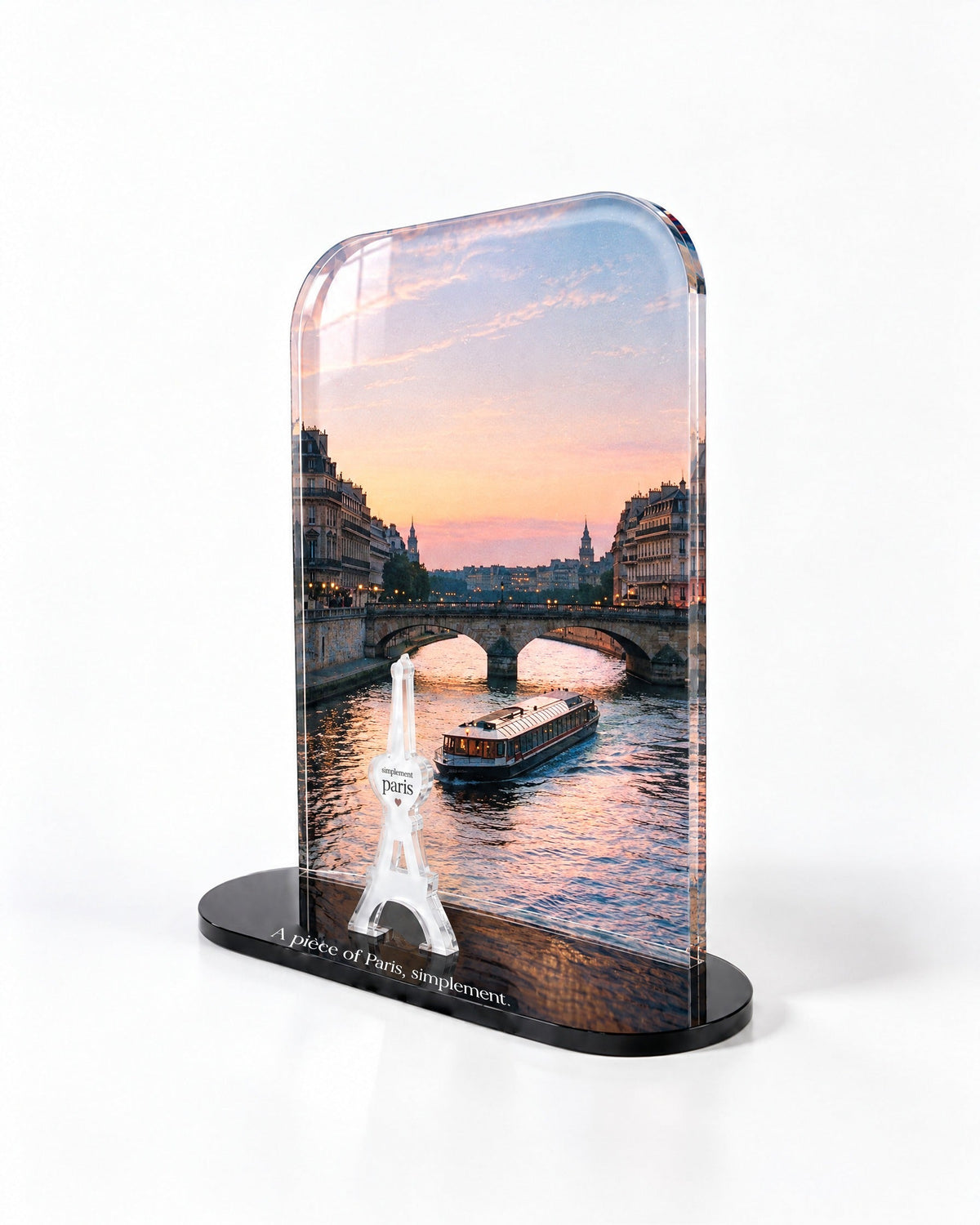 Side view of the Seine at Sunset acrylic decor with polished edges and reflections