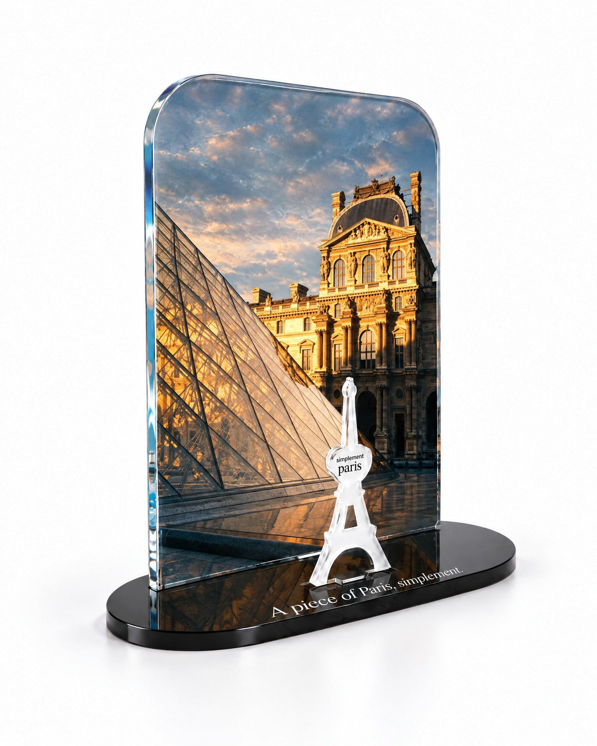 Three-quarter view of The Louvre acrylic decor showing the thick glossy panel and separate Eiffel Tower