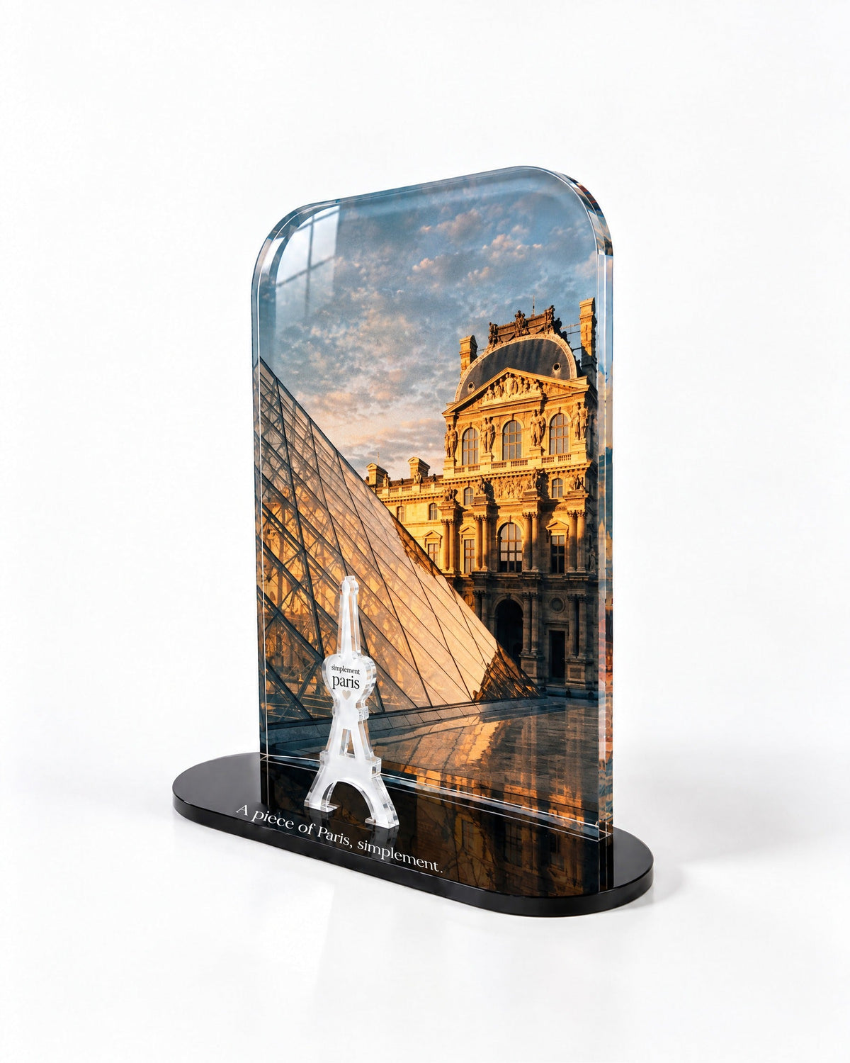 Side view of The Louvre acrylic decor with polished edges and reflections