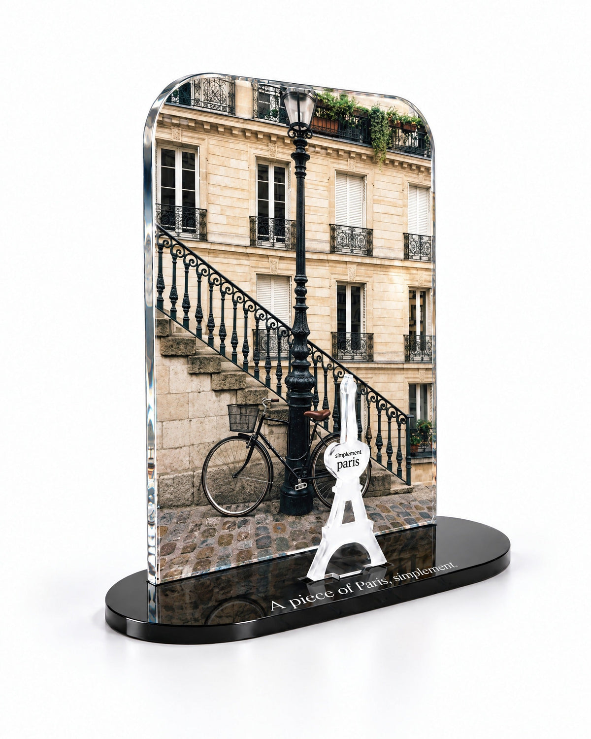 Three-quarter view of The Parisian Bicycle acrylic decor with its thick glossy panel and separate Eiffel Tower