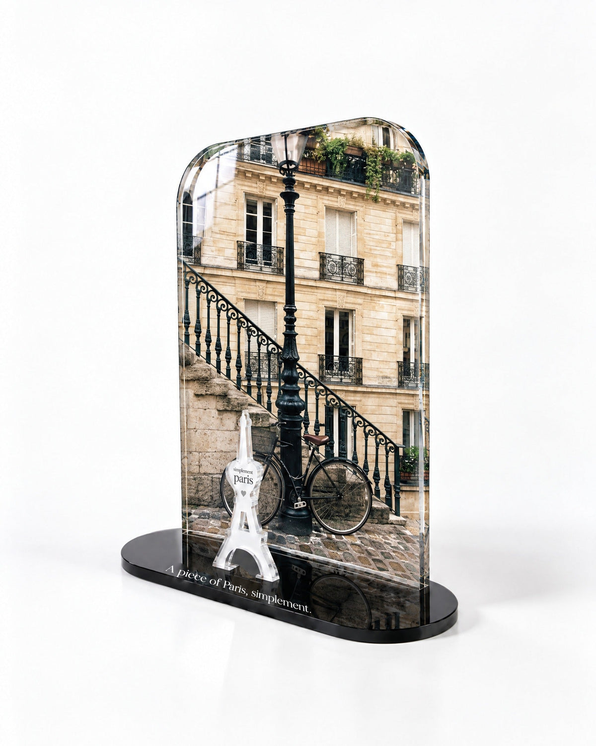Side view of The Parisian Bicycle acrylic decor with polished edges and reflections