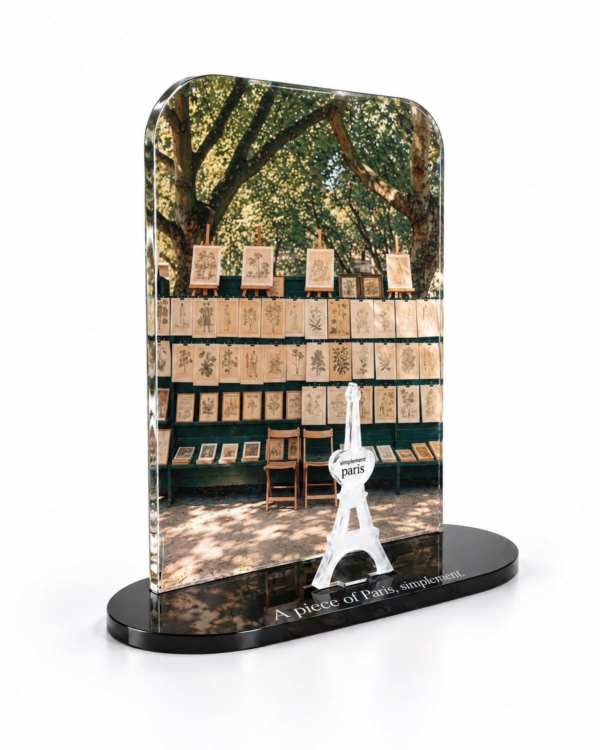 Three-quarter view of The Print Sellers acrylic decor showing the thick glossy panel and separate Eiffel Tower