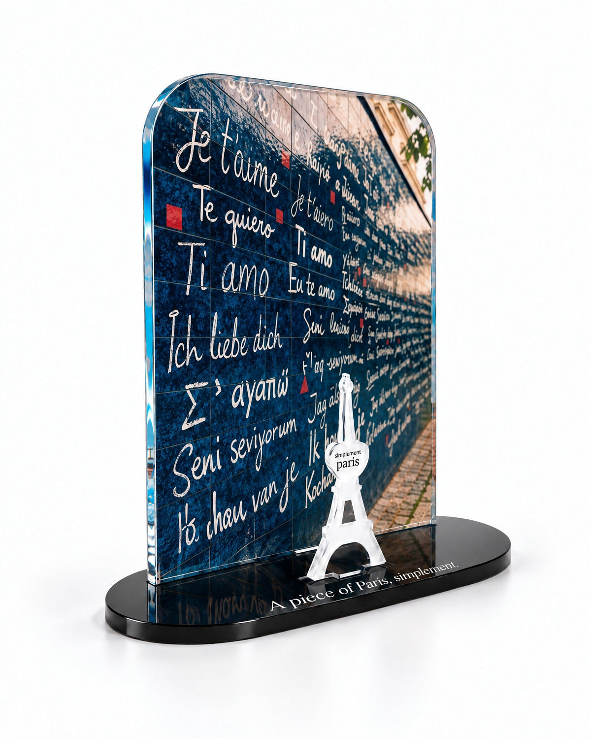 Three-quarter view of the Wall of Love acrylic decor with its thick glossy panel and separate Eiffel Tower