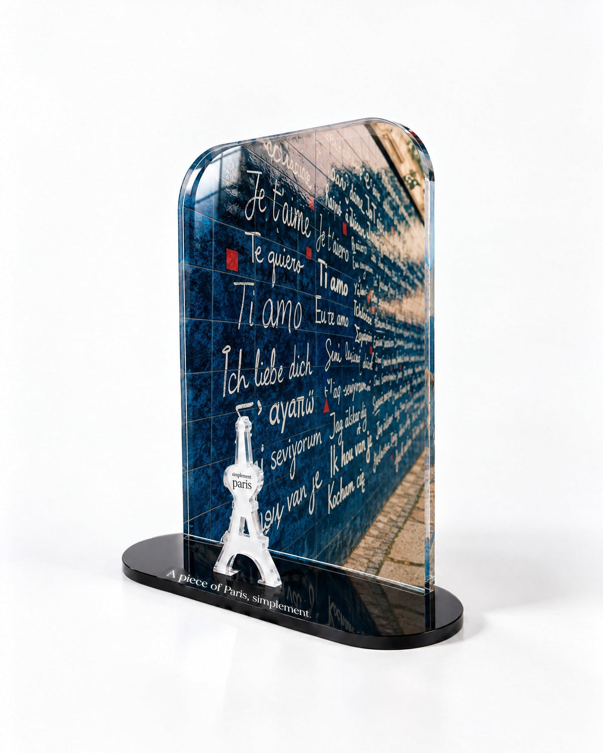 Side view of the Wall of Love acrylic decor with polished edges and reflections